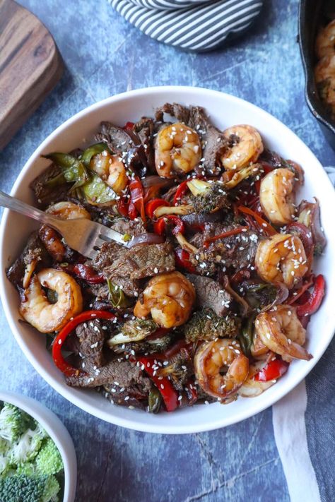 Quick and Easy Shrimp and Steak Stir Fry - Bless This Meal Steak And Shrimp Stir Fry Recipes, Steak And Creamy Shrimp, Steak And Creamy Garlic Shrimp, Steak And Shrimp Stir Fry, Steak Shrimp And Veggies, Healthy Meals With Shrimp, Meals With Shrimp, Applebees Steak And Shrimp, Steak Stir Fry