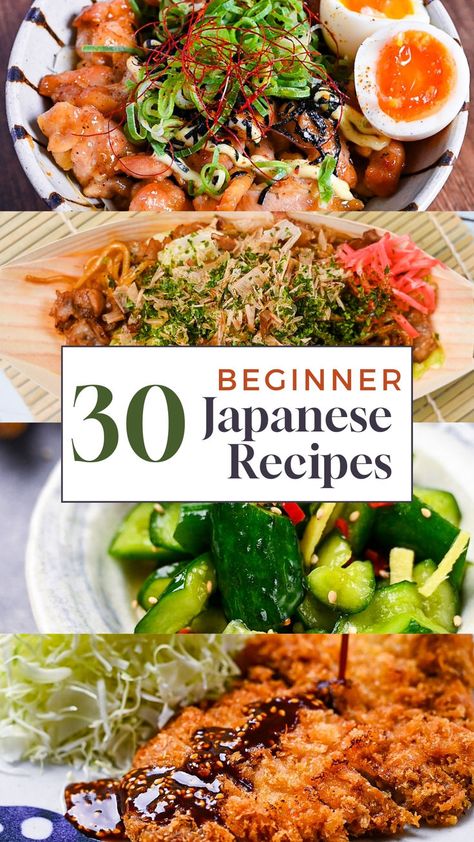 A collage of 4 easy Japanese meals including teriyaki chicken donburi, yakisoba stir fried noodles, easy cucumber pickles with ginger and the ultimate tonkatsu pork cutlet. Different Dishes For Dinner, Easy Healthy Meals For Beginners, Asian Cooking Staples, Simple Chinese Recipes Easy Dinners, Aesthetic Food Healthy Recipe, Japanese Comfort Food Recipes, Beginner Japanese Recipes, Japanese Inspired Recipes, Japanese Home Cooking Recipes