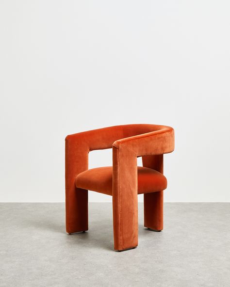 The sculptural silhouette of the Tress Chair is paired with a orange velvet fabric. This accent chair has a wrap-around back to encase you in comfort, and armrests with cut-out sides for a contemporary feel. Orange Velvet Chair, Funky Armchairs, Small Spare Room, Blue Velvet Loveseat, Retro Accent Chair, Orange Accent Chair, Bold Chairs, Orange Armchair, Brave Merida