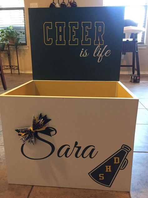 Cheerleading Boxes Designs, Cheer Box Ideas High School Football, Senior Cheer Box Ideas, Cheer Boxes To Stand On, Cheer Box Designs, Cheer Boxes Designs High School, Cheer Box Ideas High School, Cheer Box Ideas, Senior Baskets