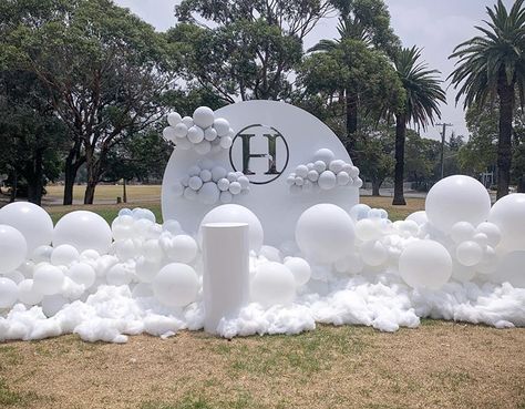 Cloud Theme Party Backdrops, Cloud Theme Balloon Garland, Gender Reveal Cloud Cake, Gender Reveal Ideas All White, All White Gender Reveal Party, Cloud Gender Reveal, White Gender Reveal, Cloud Theme Party, Clouds Theme