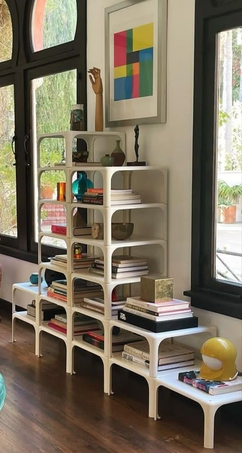 Burrow Shelves, Space Age Bookshelf, Postmodern Bookshelf, Sculptural Bookshelf, Wavy Bookshelf, Funky Bookcase, Funky Bookshelves, Postmodern Office, Vintage Room Aesthetic