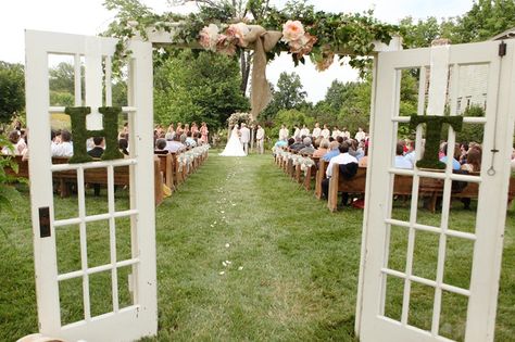 Maybe we could DIY some doors to the "chapel"? Door Wedding Entrance, Outdoor Wedding Seating, Doors Outdoor, French Country Wedding, Church Pews, Plan Wedding, Wedding Doors, Rustic Wedding Reception, Church Pew