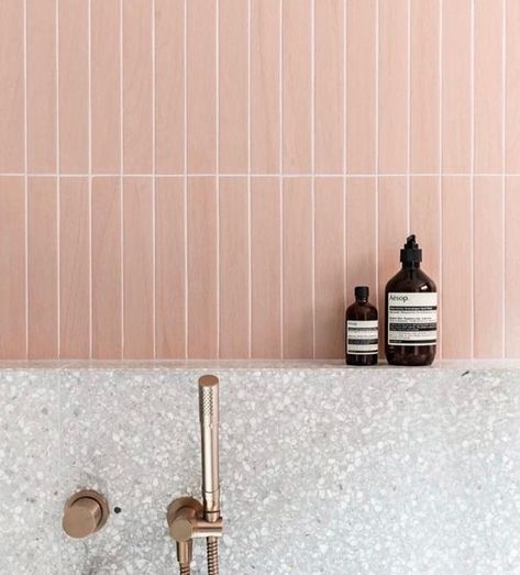 Pink Vertical Tiles, Bathroom Pink Terrazzo, Pink Subway Tile Bathroom, Pink Accent Bathroom, Pink Tiles Bathroom, Pink Subway Tiles, Pink Subway Tile, Modern Pink Bathroom, Blush Bathroom