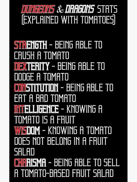 "D&D Stats w/ Tomatoes" Poster for Sale by LoonyMoonyProds | Redbubble Dnd Stats, Character Building, Dnd Characters, Old Ones, Writing Tips, Dungeons And Dragons, Tomatoes, Sale Poster, Writing