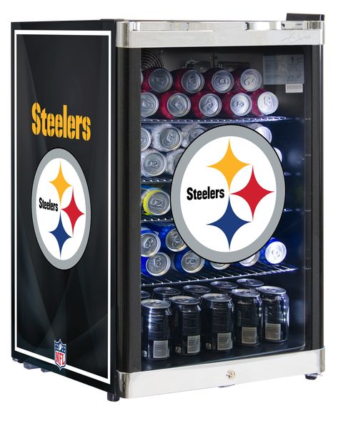 Steelers Man Cave, Pittsburgh Steelers Man Cave, Steelers Gear, Go Steelers, Pittsburgh Steelers Football, Football Team Logos, Beverage Refrigerator, Beverage Center, Steeler Nation