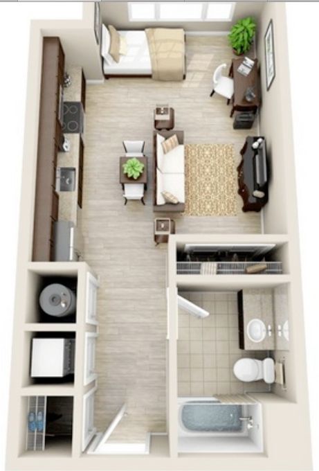 Nice, realistic layout for studio apartment                                                                                                                                                     More Garage Apartment Interior, Studio Apartment Plan, Apartment Layouts, Small Apartment Layout, Small Apartment Plans, Studio Apartment Floor Plans, Apartemen Studio, Small Studio Apartment Decorating, Tiny Studio Apartments