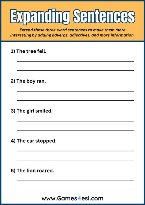 A writing worksheet to practice expanding sentences. Expanding Sentences Worksheet, Writing Better Sentences, Writing Sentences Worksheets 3rd Grade, Printable Writing Worksheets, Writing Complex Sentences, Regulation Activities, Expanding Sentences, Writing Sentences Worksheets, Emotional Regulation Activities