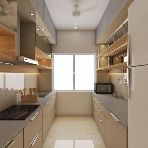 L Type Kitchen Design, Parallel Kitchen Design Modern, Kitchen Ideas Luxury, Parallel Kitchen Design, Luxury Kitchen Designs, Luxury Kitchen Ideas, Kitchen Wardrobe Design, Budget Interior, Makeover Kitchen