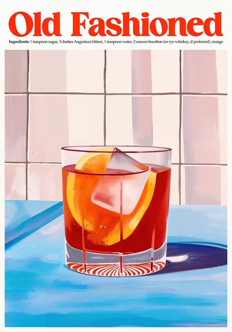 Poster with an illustration of an Old Fashioned cocktail, including ice cubes and an orange slice, set against a tiled wall and blue countertop. The title Old Fashioned and ingredients are displayed at the top. Bar Poster Design Ideas, Retro Cocktail, Old Fashioned Illustration, Classic Poster Design, Cocktail Design, Bar Graphic Design, Drink Poster Design Ideas, Cocktail Poster Design, Old Fashioned Drawing Drink