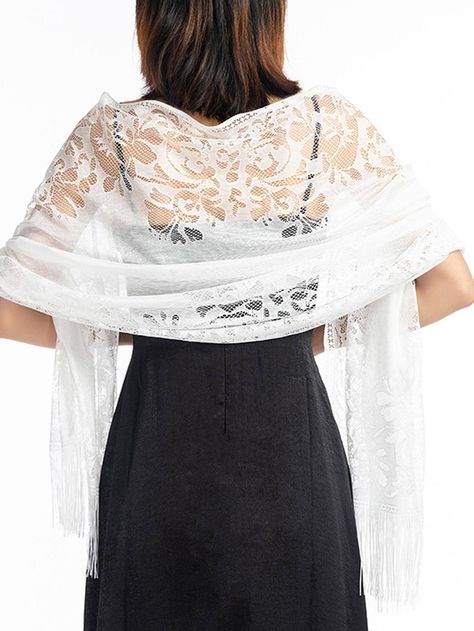 1pc Women Flower Lace Decor Hollow Out Fashionable Shawl For DecorationI discovered amazing products on SHEIN.com, come check them out! Shawl For Formal Dress, White Pashmina, Elegant Shawl, Dress With Shawl, Wedding Shawl, Lace Decor, Dress Crochet, Lace Scarf, Lace Shawl