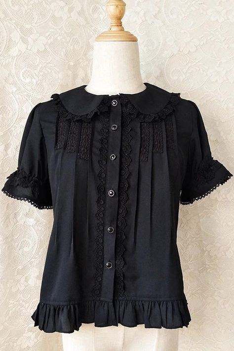 Fabric: Chiffon Color: Black, White Collar: Doll Collar Sleeve Length: Short Sleeves Feature: Ruffle, Lace Style: Sweet Include: Blouse*1 (Any of the accessory is not included.) Size (IN) Bust Waist Sleeve Length Shoulder Width Length XS 31.50 - 9.06 13.78 22.05 S 33.07 - 9.06 14.17 22.44 M 34.65 - 9.06 14.57 22.83 L 36.22 - 9.06 14.96 23.23 XL 37.80 - 9.06 15.35 23.62 2XL 39.37 - 9.06 15.75 24.02 Size (CM) Bust Waist Sleeve Length Shoulder Width Length XS 80 - 23 35 56 S 84 - 23 36 57 M 88 - 23 37 58 L 92 - 23 38 59 XL 96 - 23 39 60 2XL 100 - 23 40 61 1800s Clothing, Lacey Blouse, Doll Collar, Ruffles Fashion, Silky Dress, Black Short Dress, Ruffle Shirt, Love Clothing, Sweet Lolita