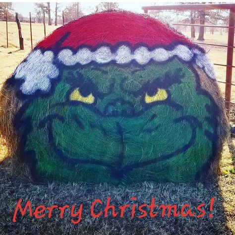 Painted Hay Bale, Christmas decoration, The Grinch Grinch Hay Bale, Christmas Hayride Ideas, Christmas Hay Bale Decor, Christmas Hayride, Christmas Hay Bales, Christmas Hay Bale, Hay Bale Christmas, Painted Hay Bale Ideas, Halloween Hay Bale