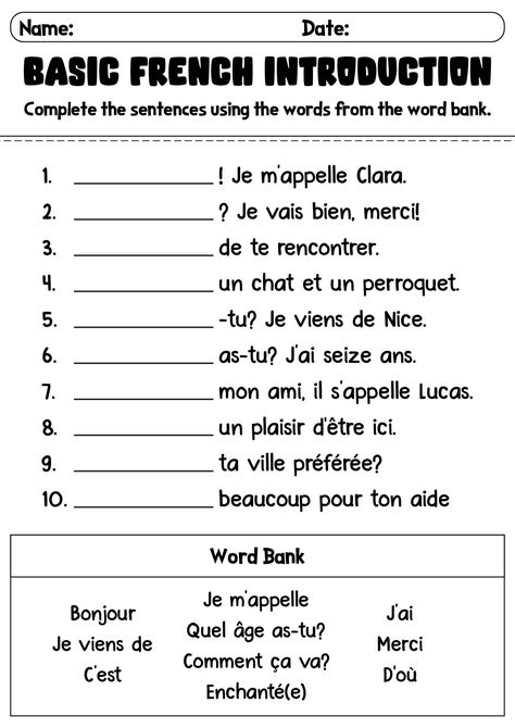 Basic French Conversations Introduction Worksheet French For Beginners Worksheets, French Worksheets For Kids, French Worksheets For Beginners, French Grammar Worksheets, Learning France, A Student Studying, Studying French, French Lessons For Beginners, Beginner French