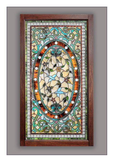 Custom Stained Glass Window, with Birds, Flowers & Jewel Cuts - Wooden Nickel Antiques Glass Designs For Windows, Antique Stained Glass Windows, Antique Stain, Stained Glass Window Panel, Custom Stained Glass, Animal Icon, Glass Artwork, Selling Antiques, Stained Glass Window