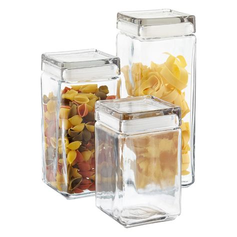 Square glass rather than round might make for more space in the pantry- Stackable Square Glass Canisters Storage Wars, Beautiful Pantry, Square Glass Jars, Glass Shelves Kitchen, Organize Kitchen, Countertop Storage, Space Efficient, Glass Canisters, The Container Store