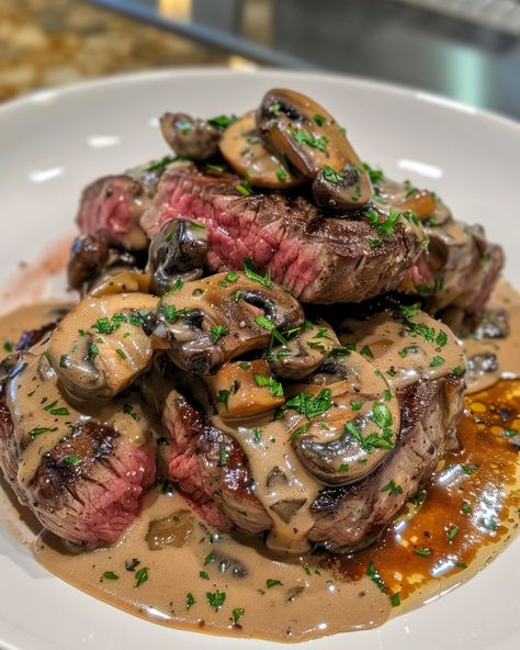 ELEGANT PAN-SEARED STEAK DIANE WITH RICH MUSHROOM SAUCE 🥩🍄 Ingredients: For the Steak: 2 beef tenderloin steaks (about 1 inch thick) Salt and black pepper to taste 2 tbsp olive oil 2 tbsp unsalted butter For the Mushroom Sauce: 1 tbsp unsalted butter 1 shallot, finely chopped 2 cloves garlic, minced 1 cup mushrooms, sliced (cremini or button) 1/4 cup brandy or cognac 1/2 cup beef broth 1/2 cup heavy cream 1 tbsp Dijon mustard 1 tbsp Worcestershire sauce 1 tsp fr... Steak Mushroom Pasta, Beef Tenderloin Steaks, Steak With Mushroom Sauce, Steak With Mushrooms, Beef And Mushrooms, Steak Mushrooms, Steak Diane, Seared Steak, Food Groups