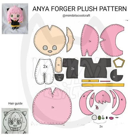 Anime Felt Doll Pattern, Anime Plush Pattern, Chibi Plush Pattern, Doll Patterns Free Sewing Templates, Plush Template, Plush Sewing Patterns, Plush Doll Pattern, Felt Doll Tutorial, Plushies Diy