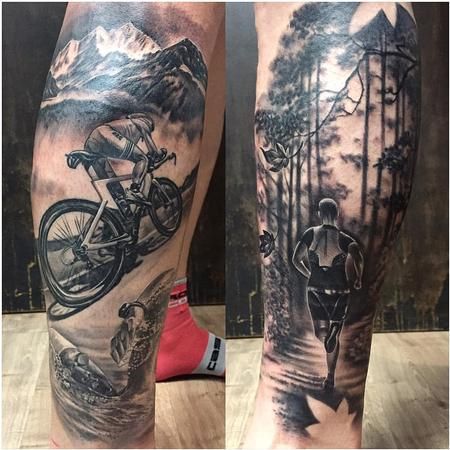 Triathlon Themed Tattoo in Black and Gray by Yarda: TattooNOW Triathlon Tattoo Men, Bicycle Tattoos For Men, Runners Tattoo Ideas, Running Tattoo Ideas For Men, Ironman Tattoo Triathlon, Cyclist Tattoo, Cycling Tattoo Bicycles, Ironman Triathlon Tattoo, Ironman Tattoo