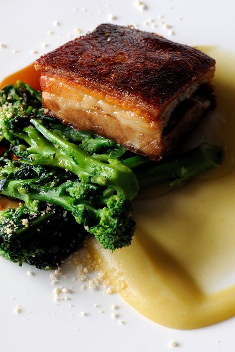 Simon Hulstone shares an indulgent pork belly recipe, pairing the cut with an apple sauce and purple sprouting broccoli. Sprouting Broccoli, Sous Vide Pork, Pork Belly Recipes, Great British Chefs, How To Cook Pork, Main Course Recipes, Food Presentation, Pork Belly, Food Plating