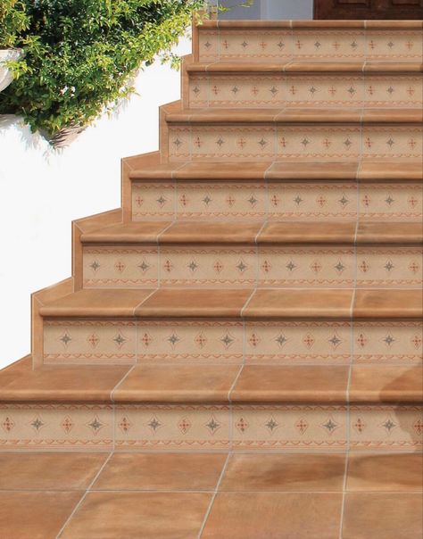 Saltillo Tile Stairs, Tile Stairs Outdoor Front Steps, Outdoor Step Tiles, Stenciled Stairs, Spanish Style Exterior, Spanish Style Tile, Rustic Stairs, Tile Steps, Cahuita