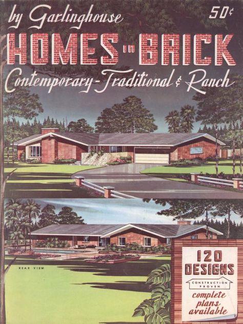 Homes in Brick, 5th Ed.  c. 1950.  L. F. Garlinghouse Co. From the Association for Preservation Technology (APT) - Building Technology Heritage Library, an online archive of period architectural trade catalogs. Select an era or material era and become an architectural time traveler. Modern Vintage House, American Home Design, Mid Century Modern House Plans, Craftsman Ranch, Interior Design Books, Vintage House Plans, Contemporary Traditional, Plan Book, Home Design Plan