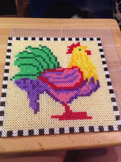 Rooster Perler Bead Patterns, Farm Perler Beads, Melted Beads, Melt Beads, Diamond Dotz, Perler Crafts, Melty Beads, Melting Beads, Iron Beads