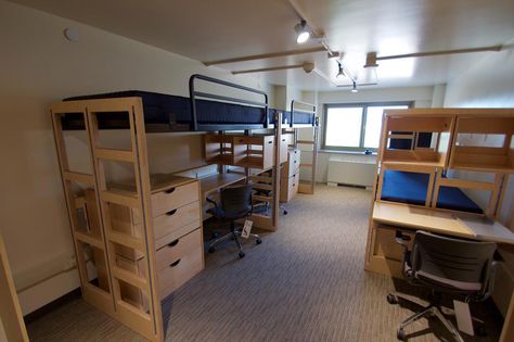 This is a triple room in Fletcher Hall. These rooms have a larger space since there are 3 people in the room versus 2. Triple Dorm, Triple Room, 3 People, In The Room, The Room, Loft Bed, Arch, Layout, Bed