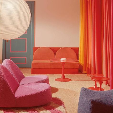 Old is gold. One of Kvadrat's first showrooms designed in the early 70s by Nanna Ditzel in her favourite colours pink and turquoise. #nannaditzel #kvadrattextiles #heritage #archives #pink #orange #lovecolour #70s #design #danishdesign #kvadrat 60s Interior, 70s Interior Design, 70s Interior, Retro Interior Design, 70s Home, Danish Furniture Design, 70s Home Decor, Design Blogs, Retro Interior