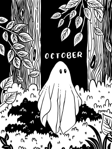 Inktober Cover Page, Whole Page Doodles, Ghost Bullet Journal, Sketchbook Cover Page, Sketchbook Cover Art, Cover Pages Ideas, Autumn Sketches, Ghost Sketch, October Bullet Journal