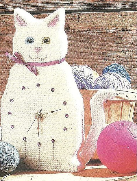 DIGITAL PATTERN  Kitty Cat Clock 7 ct Plastic Canvas Cat Plastic Canvas Patterns, Plastic Canvas Cat, Plastic Canvas Clocks, Plastic Canvas Clocks Free Patterns, Kitty Cat Clock, Retro Cat Clock, Cat Clock, Plastic Mesh, Clock Art