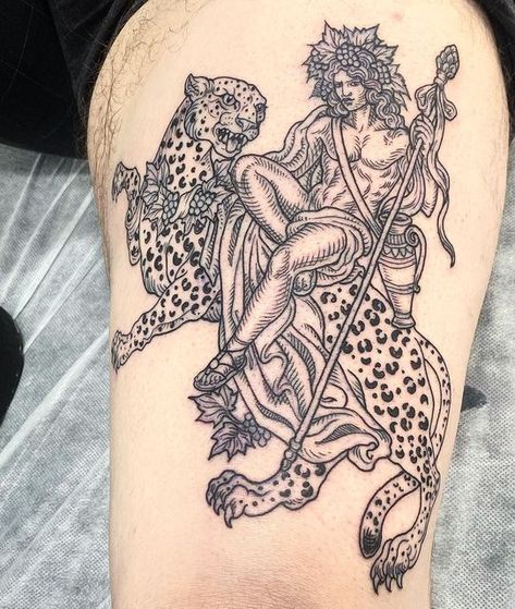 Chalice Tattoo Company on Instagram: "Dionysus thigh piece by @henstooth" Bacchus Tattoo, Dio Tattoo, Dionysus Tattoo, Chalice Tattoo, Greek Deities, Shamanic Art, Random Tattoos, God Tattoos, Thigh Piece