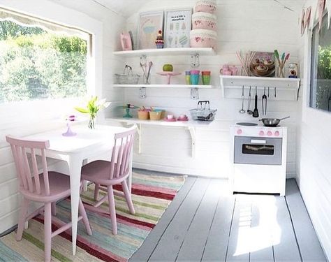 Cubby House Interior, White Playhouse, Playhouse Kitchen, Outdoor Playhouse Ideas, Cubby House Ideas, Cubby Ideas, Playhouse Decor, Playhouse Interior, Kids Cubby Houses