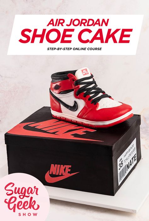 Learn how to create a cake that looks like the iconic Air Jordan shoe sitting on a shoe box. Every step is broken down in this video course. Sneaker Head Cakes, Air Jordan Cake Ideas, Air Jordan Shoe Cake, Sneaker Cake Ideas, Jordan Birthday Cake, Nike Shoe Cake, Air Jordan Cake, Jordan Shoe Cake, Michael Jordan Cake