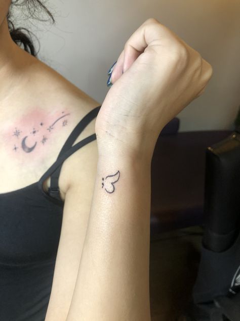 Mini Tattoos Semi Colon, Butterfly And Semi Colon Tattoo, Tattoo Semi Colon Butterfly, Infinity Tattoo With Semi Colon, Aesthetic Semi Colon Tattoos, Semi-colon Butterfly Tattoo Fine Line, Butterfly Semi Colon Tattoos For Women, Hidden Semi-colon Tattoo, Dainty Butterfly Semicolon Tattoo