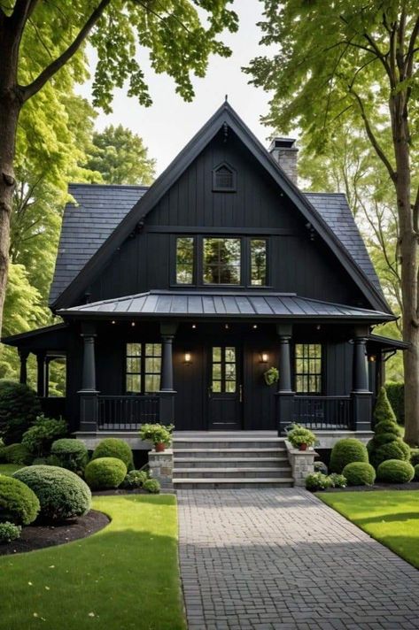 Dark Charcoal House Exterior, Black Painted House, Black Houses Exterior, Small Black House, Black Wooden House, Exterior Black House, Dark House Aesthetic, House Addition Ideas, Elegant Bathroom Vanity