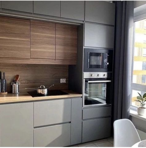 Modern Grey Wood Kitchen, Grey Furniture Kitchen, Grey Kitchen With Wood Cabinets, Grey With Wood Kitchen, Kitchen Interior Grey And Wood, Kitchen Cabinets Grey And Wood, Modern Kitchen Design Grey And Wood, Kitchen Design Grey And Wood, Grey And Wood Interior Design