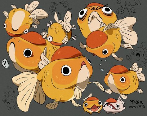 Cute Goldfish Drawing, Fish Character Design, Cute Fish Drawing, Goldfish Illustration, Goldfish Drawing, Anime Fish, Shark Cat, Arte Sketchbook, Dessin Adorable