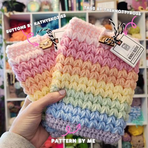 Happy Saturday 📚 What are you crocheting or reading friends?! I was inspired by @jennscraftycreations and her recent post on tagging the items in the photo! 😍 Like and save for later. 😍🥰 Pattern by M E (Meadow kindle sleeve) Tags by @theknottyboss Buttons by @kathyskozies Yarn is @hobbylobby ILTY (see highlights for exact colors) #ltkcuties #handmade #meadowkindlesleeve #booksleeve #kindlesleeve #crochet #crocheter #crochetersofinstagram #crochetinspiration #rainbow #happy #kindlegir... Kindle Sleeve Crochet Pattern Free, Kindle Sleeve Crochet Pattern, Crochet Kindle Sleeve Pattern, Kindle Sleeve Crochet, Booksleeve Crochet, Kindle Crochet, Crochet Kindle Sleeve, Reading Friends, Kindle Sleeve