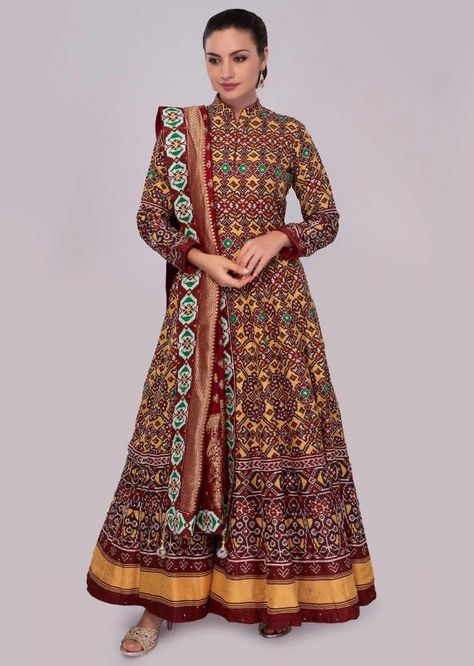 Multi color cotton anarkali dress in patola print only on Kalki Anarkali Dress Wedding, Cotton Anarkali Dress, Long Anarkali Gown, Anarkali Suits Designer, Patola Print, Wedding Reception Party, Ikkat Dresses, Long Anarkali, Light Grey Dress