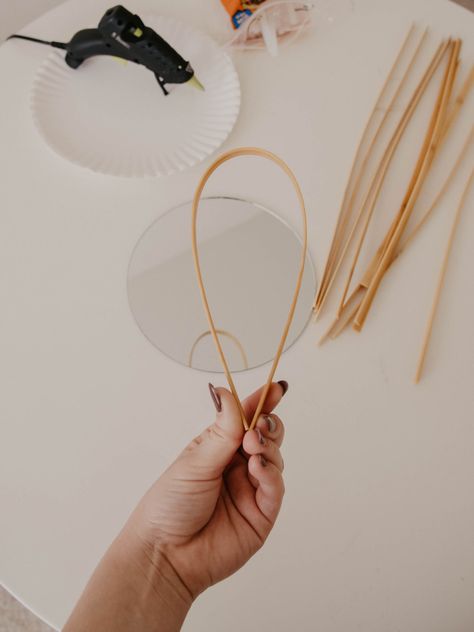 Diy Rattan Mirror Frame, Rattan Mirror Diy, Wood Bead Mirror Diy, Diy Bamboo Mirror, Wood Heart Diy, Flower Mirror Diy, Boho Mirror Sun Shaped, Flower Wall Decor Diy, Oversized Round Mirror