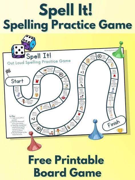 Graphic with the spelling board game and an image of two children's hands playing the game. Spelling Practice Games, 3rd Grade Spelling Words, Spelling Practice Activities, Practice Spelling Words, Spelling Word Games, Printable Board Game, Spelling Word Practice, 3rd Grade Spelling, Spelling Homework