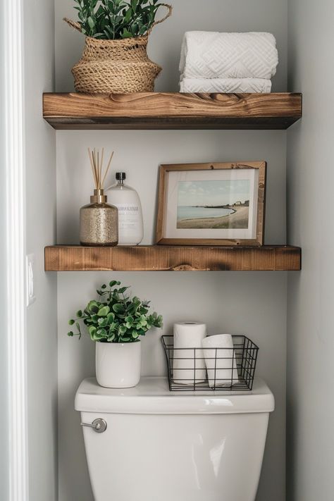 bathroom shelf ideas over the toilet Toilet Wall Shelf, Decor For Toilet Room, Toilet Storage Shelf, Over Bath Shelf, Toilet Room Ideas Storage, Basket On Back Of Toilet, Bathroom Decor Shelf Over Toilet, Toilet Room Shelf Decor, Over The Toilet Shelves Decor