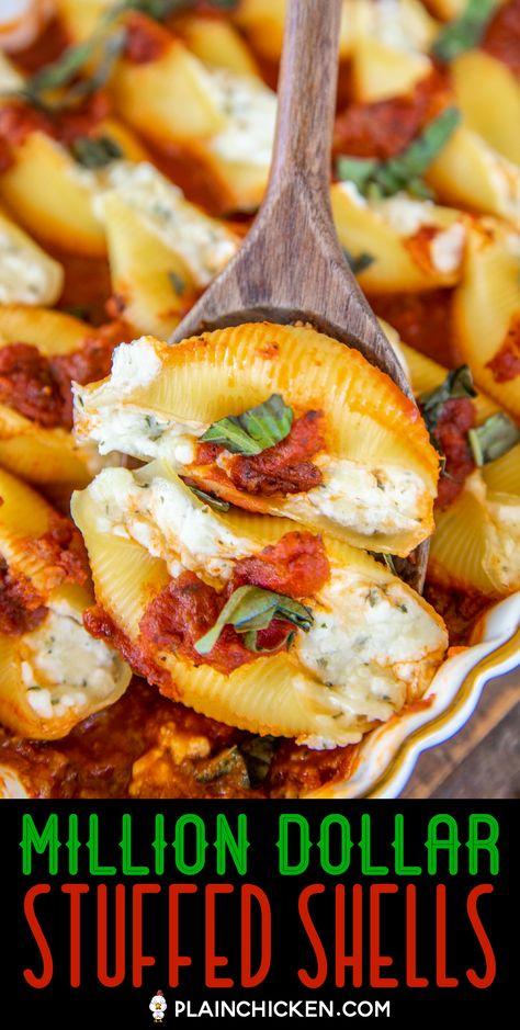 Million Dollar Stuffed Shells - hands down the BEST stuffed shells EVER! Jumbo shells stuffed with cottage cheese, cream cheese, sour cream, parsley, and mozzarella cheese. Bake in a quick meat sauce made with Italian sauce and jarred spaghetti sauce. Can make in advance and refrigerate or freeze for later. #pasta #casserole #italian #freezermeal Cottage Cheese Cream Cheese, Best Stuffed Shells, Jumbo Shells Stuffed, Casserole Italian, Jumbo Shell Recipes, Baked Stuffed Shells, Jumbo Shells, Shells Stuffed, Chicken Stuffed Shells