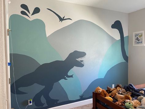 Diy Dinosaur Wall Mural, Dinosaur Bedroom Wall Paint, Kids Room Wall Paint Dinosaur, Dinosaur Room Mural, Diy Dinosaur Wall Art, Dinosaur Room Paint Ideas, Dinosaur Wall Painting, Dino Themed Room, Dinosaur Themed Toddler Room