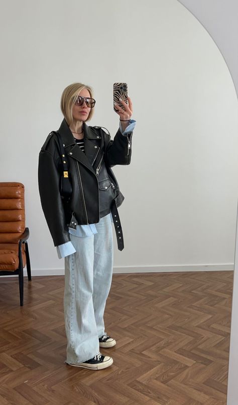 Outfits With Biker Jacket, Leather Jacket Outfit 2023 Women, How To Wear A Leather Shirt Outfit, Styling Leather Jacket Winter Outfits, Leather Jacket And Converse Outfit, Outfit Inspo With Leather Jacket, Blue Biker Jacket Outfit, Black Biker Leather Jacket Outfit, Leather Jacket Shirt Outfit