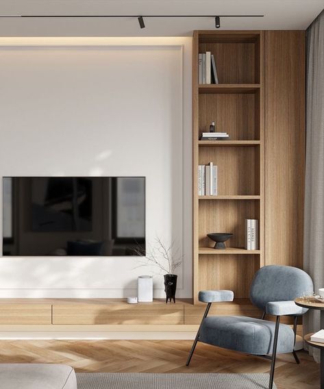 Tv Room Minimal, Tv Wall Scandinavian Style, Modern Oak Living Room, Woody Living Rooms, Tv Wall Design No Fireplace, Scandinavian Entertainment Center, Minimal Media Wall, Japandi Living Room Tv Wall, Tv Wall Design Japandi