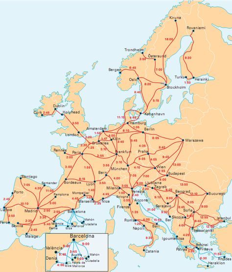 InterRail map with travel times between popular destinations Interailling Europe, Interrail Map, Train Travel Europe, Inter Railing, Interrailing Europe, Interrail Europe, European Train, Time Tables, Train Map