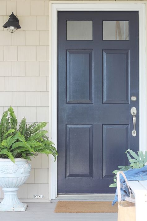 Door paint color is Sherwin Williams - Anchors Aweigh.  Stunning! Navy Front Door, Best Front Door Colors, Metal Doors Exterior, Exterior Door Colors, Best Front Doors, Blue Front Door, City Farmhouse, Front Door Makeover, Front Door Paint Colors