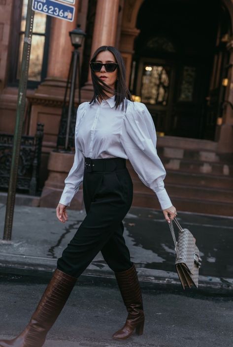 Chic Puff Sleeve Top With Balloon Sleeves For Winter, Billowy Puff Sleeve Top For Daywear, Chic Button-up Puff Sleeve Top For Fall, Puff Sleeve Blouse Outfit, Billowy Blouson Sleeve Puff Blouse, Chic Billowy Puff Sleeve Top, Puff Sleeve Top Outfit, Danielle Bernstein, Maxi Robes